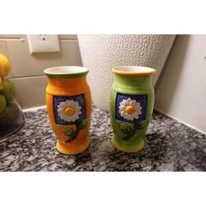 Ceramic Bud Vases Set, Floral Design, Decorative Vases, Orange & Green Daisy 70s